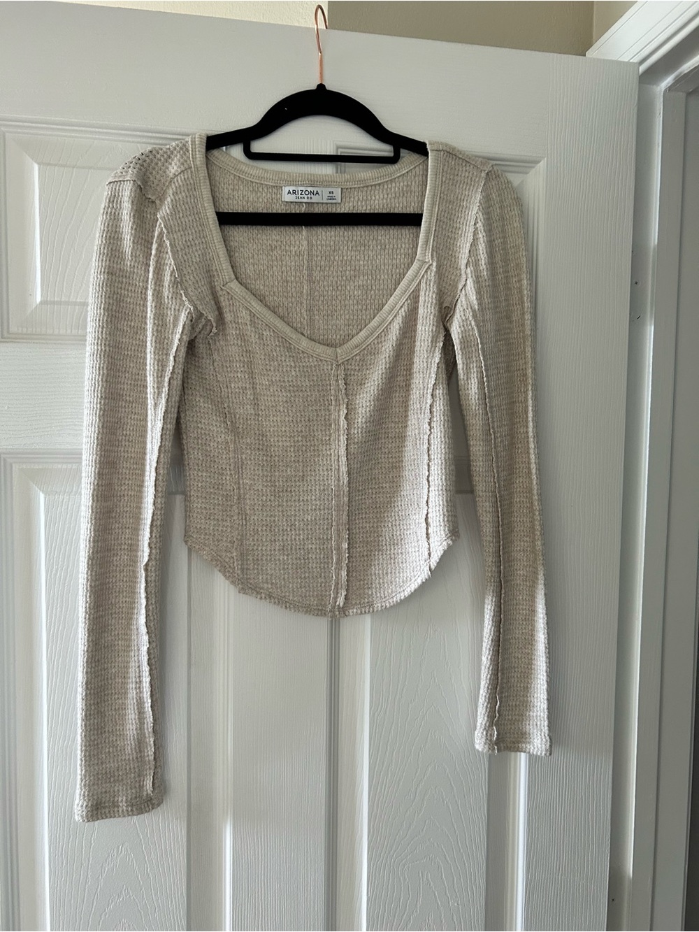 Arizona Jean Company Cream Beige Waffle-Knit Long Sleeve Top